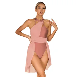 Womens Contemporary Lyrical Dance Dress Ballet Gymnastics Leotard Sleeveless Ruched Chiffon Tutu Stage Performance Dancewear