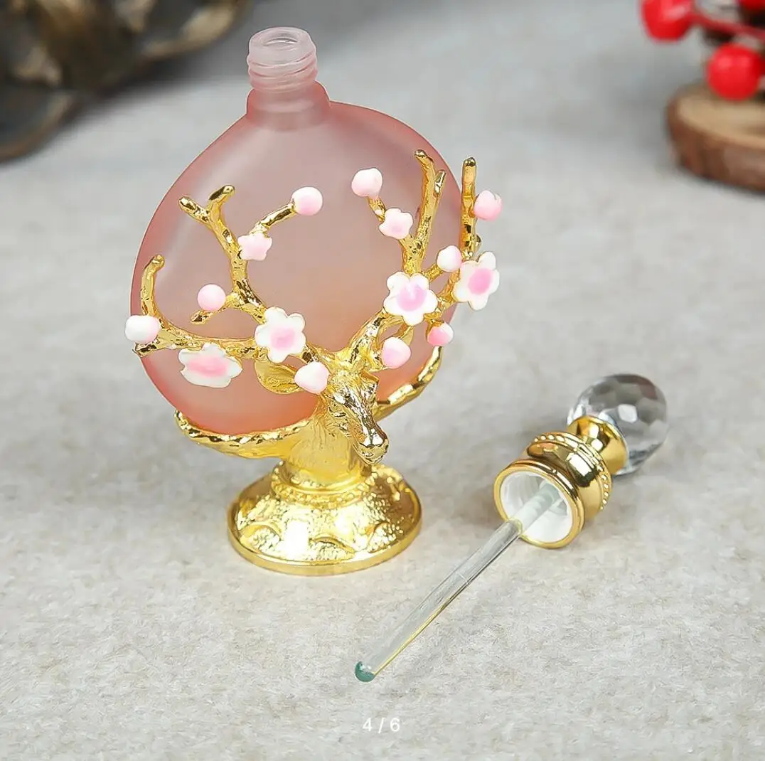 Vintage Decoration Bottle 30ML/1oz Pink Glass Enamel Antlers Plum Blossom Branch Clear Crystal Cap Aromatherapy Perfume Ornament glass bottles,aromatherapy diffuser bottle,mini glass bottles,mini perfume bottles