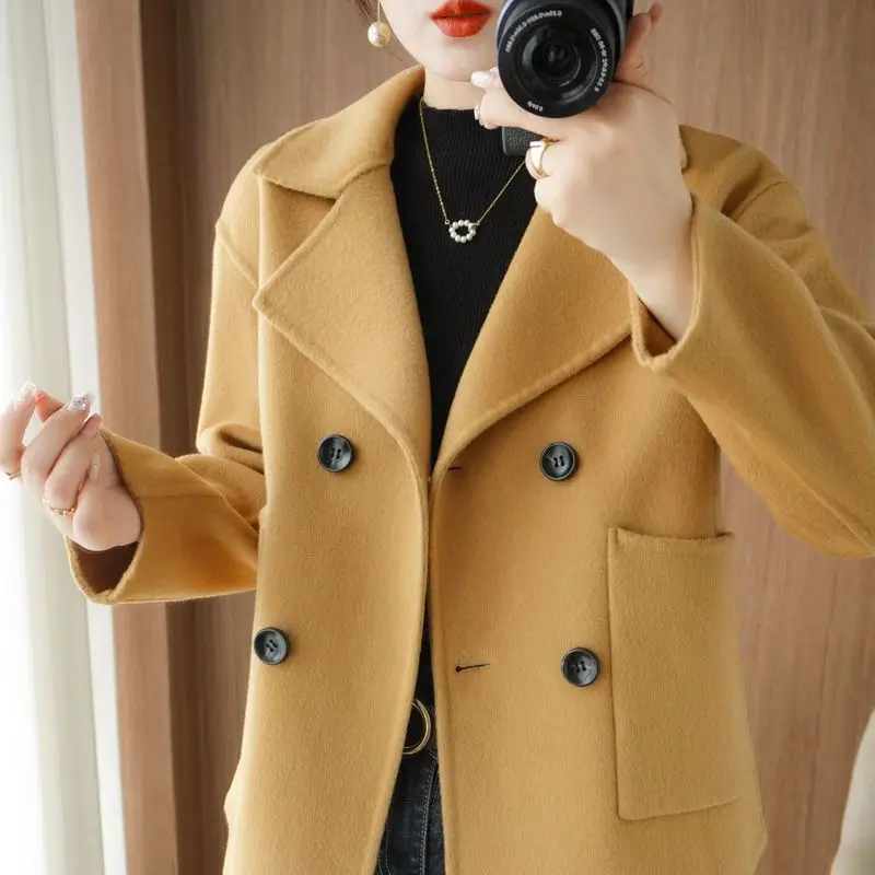 Women's Double-Sided Cashmere Coat, Loose Short Coat, Monochromatic Outerwear, Female Fashion, Temperament, Autumn, Winter,2024