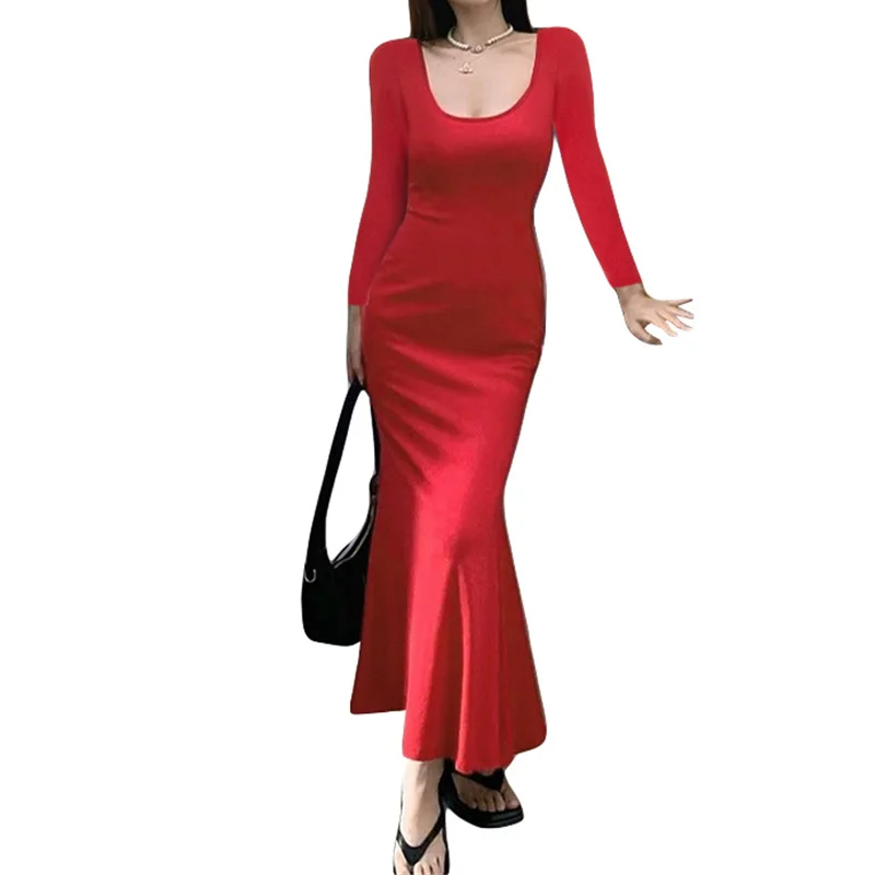 y2k Dresses Women Sexy Clothes Solid Color Butterfly Cutout Back Long Sleeve Bodycon Dress Club Dresses Streetwear