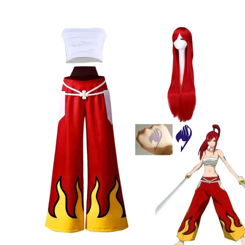 

Cosplay Anime Cosplay Costume Cosplay Alosa Cos Anime Role Erza Scarlet Costume Pants White Tube Tops Red Cool Set Wig