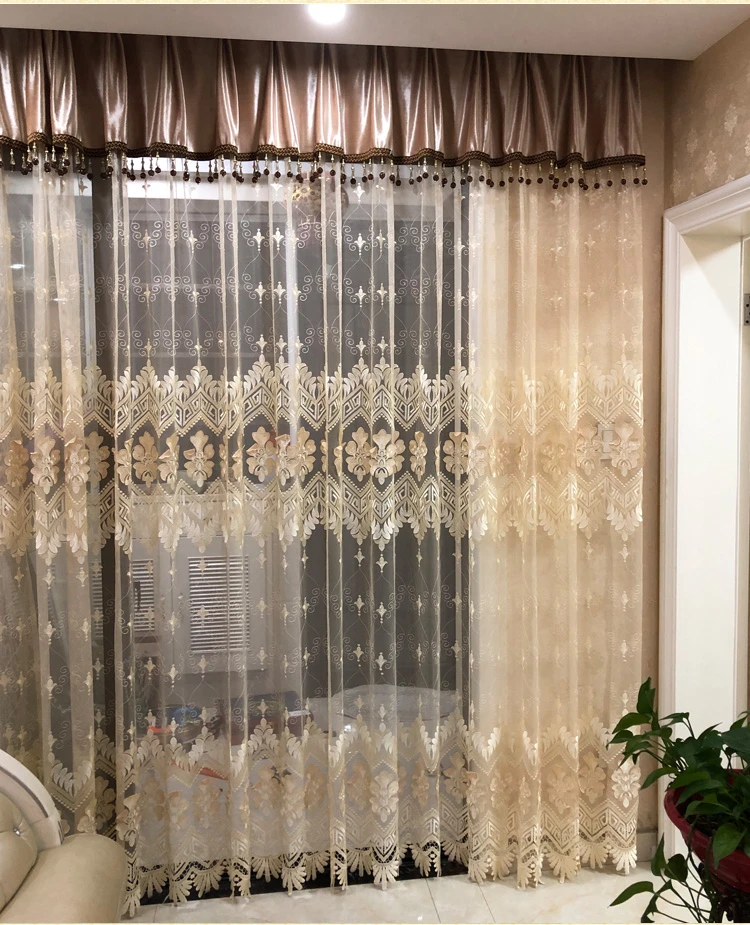 New European-style Three-dimensional Embossed Gold Embroidered Gauze Curtains for Living Room Bedroom Finished Valance