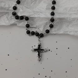 Gothic Bat & Cross Pendant Necklace Set with Black Bead Accents (Style 8)