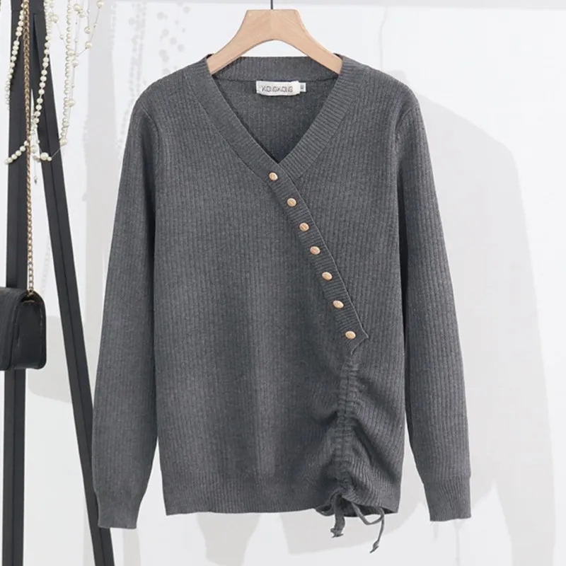 

2022 Autumn Sweater Plus Size Women Clothing Design Golden Oblique Buckle Jumpers Winter Fashion V-Neck Slim Pullovers