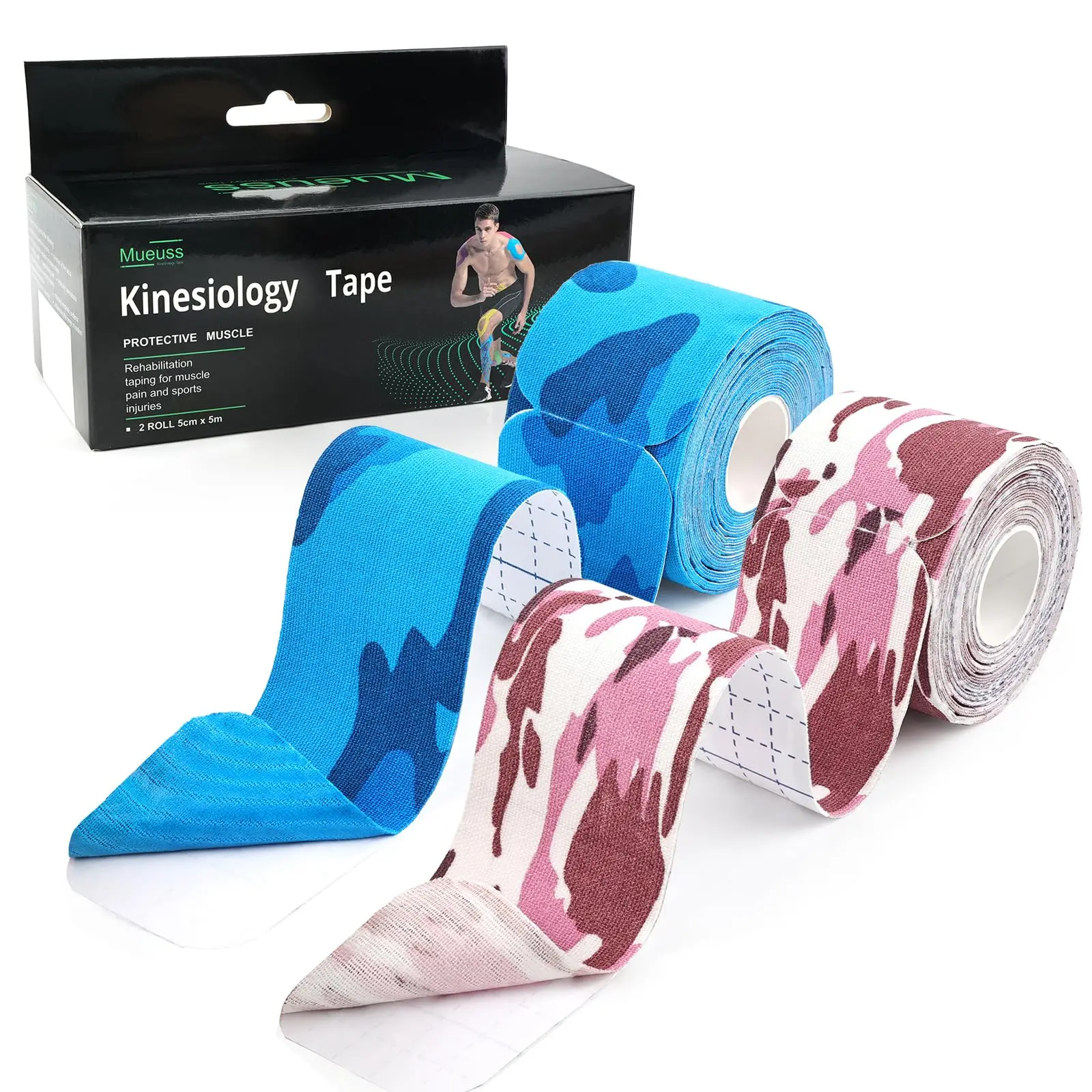 

2 Rolls camouflage Pre-cut Kinesiology Tape 5cm*5m Athletic Recovery Elastic Muscle Pain Relief Kneepad Fitness Sports Protector