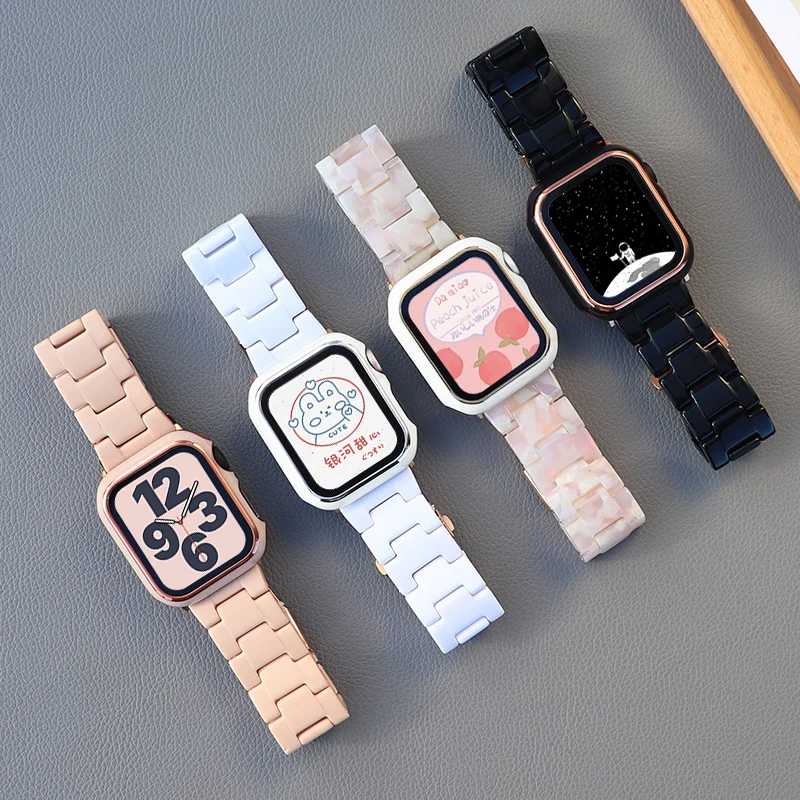 

New Case+Strap For Apple Watch band 44mm 40mm 45mm 41mm 42mm 38mm Resin strap for apple IWatch Series 7 6 SE 5 4 3 2 correa