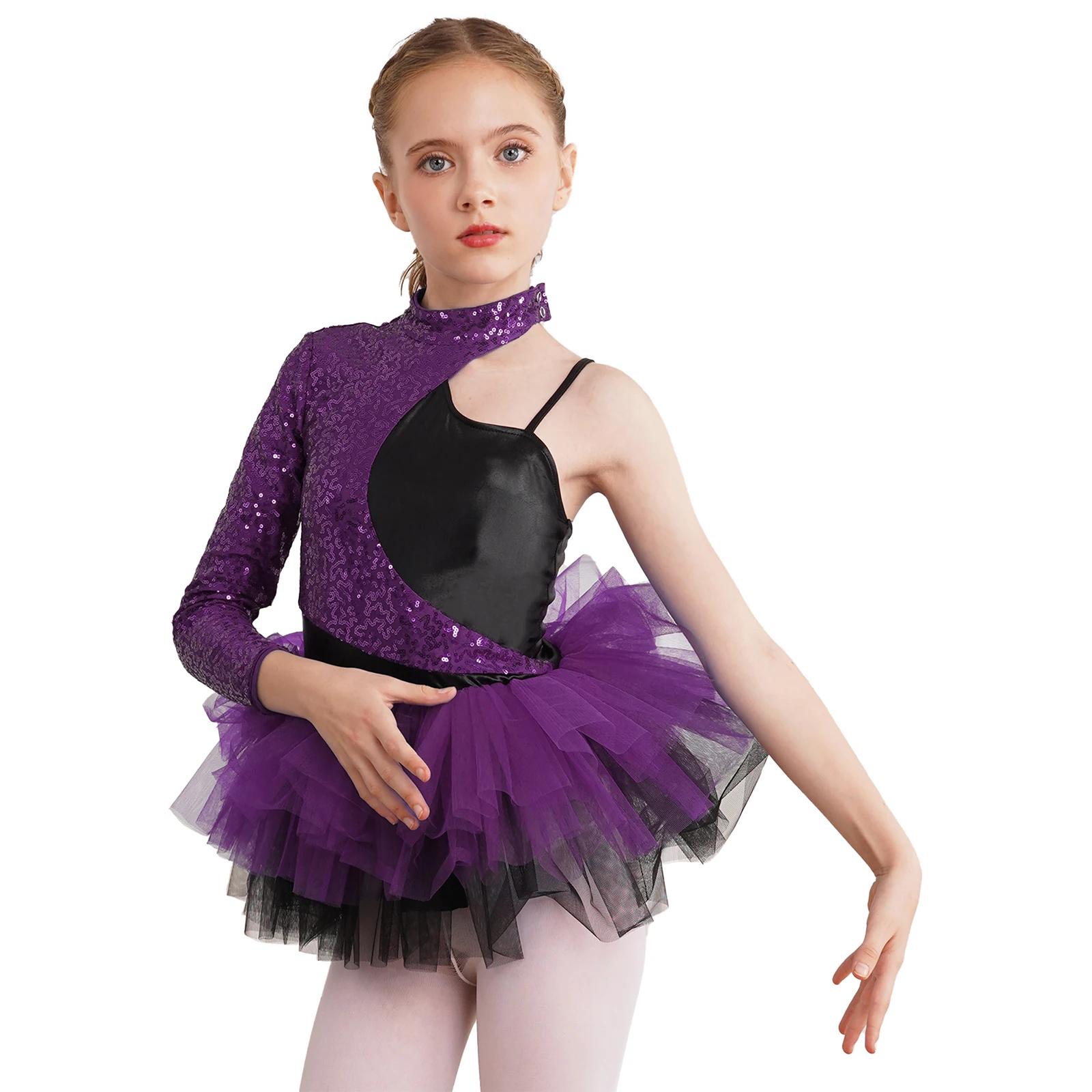 Kids Girls Latin Jazz Dance Performance Costume Back Asymmetrical Sleeves Sequin Tassel Tango Cha-Cha Samba Hip Hop Dance Dress Dance Dress