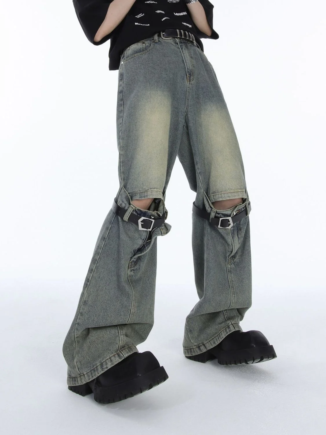 Hole Jeans Men And Women's Wide Leg Pants High Street Inset Stitching Design Casual And Versatile Denim Trousers