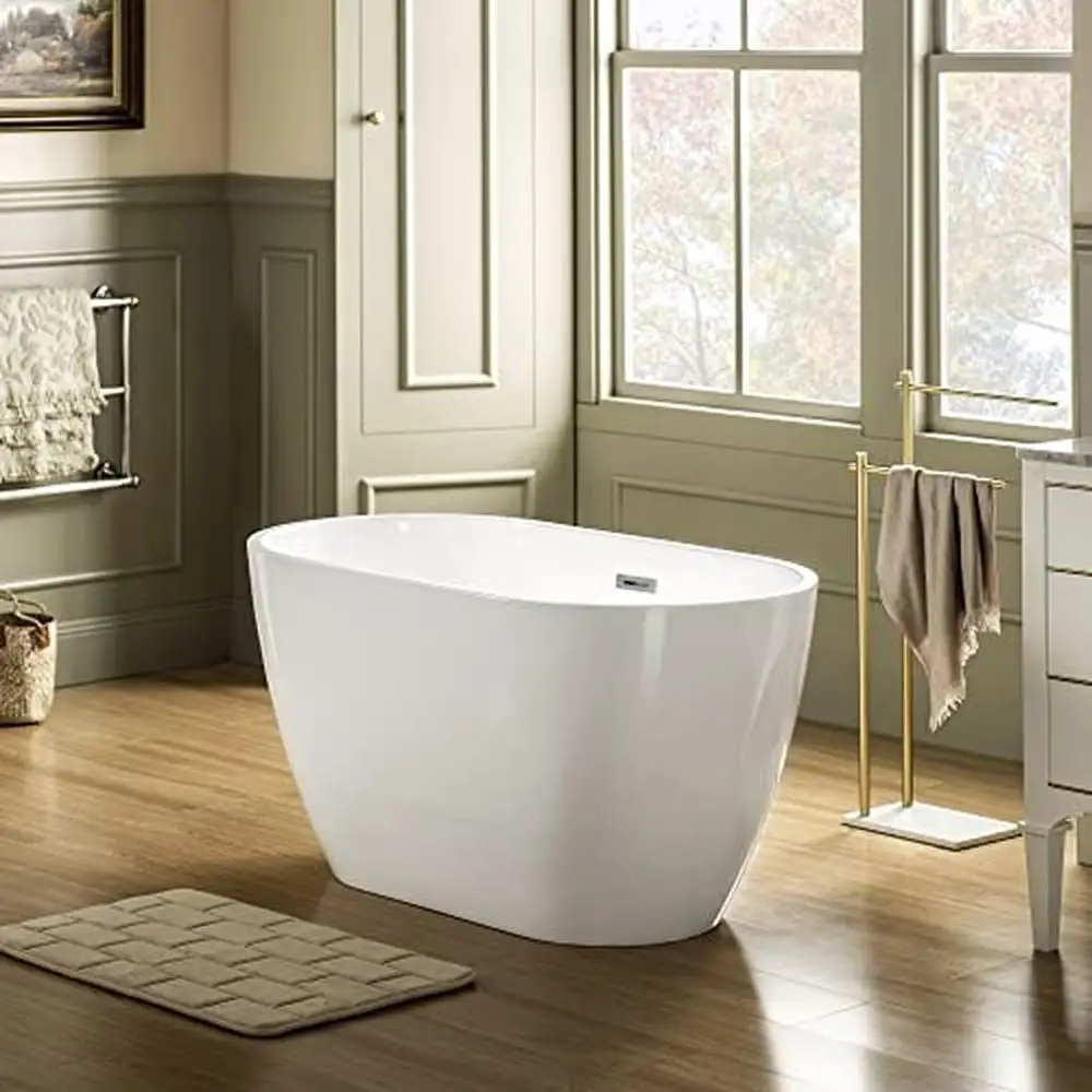 48" Contemporary Acrylic Freestanding Bathtub Soaking Tub Non-Slip Design White(Brushed Nickel Drain/Overflow Kit Included 3