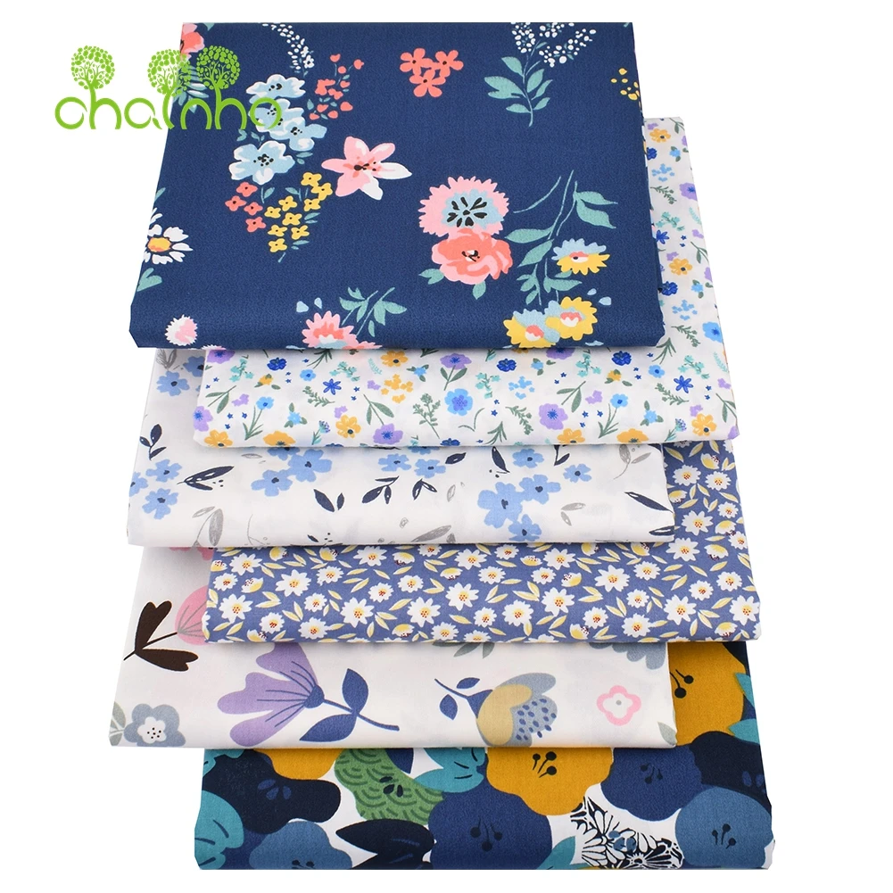 Chainho,Printed Twill Weave Cotton Fabric,DIY Sewing Quilting Material,Patchwork Cloth,Blue Floral Series,2 Specification,15C196