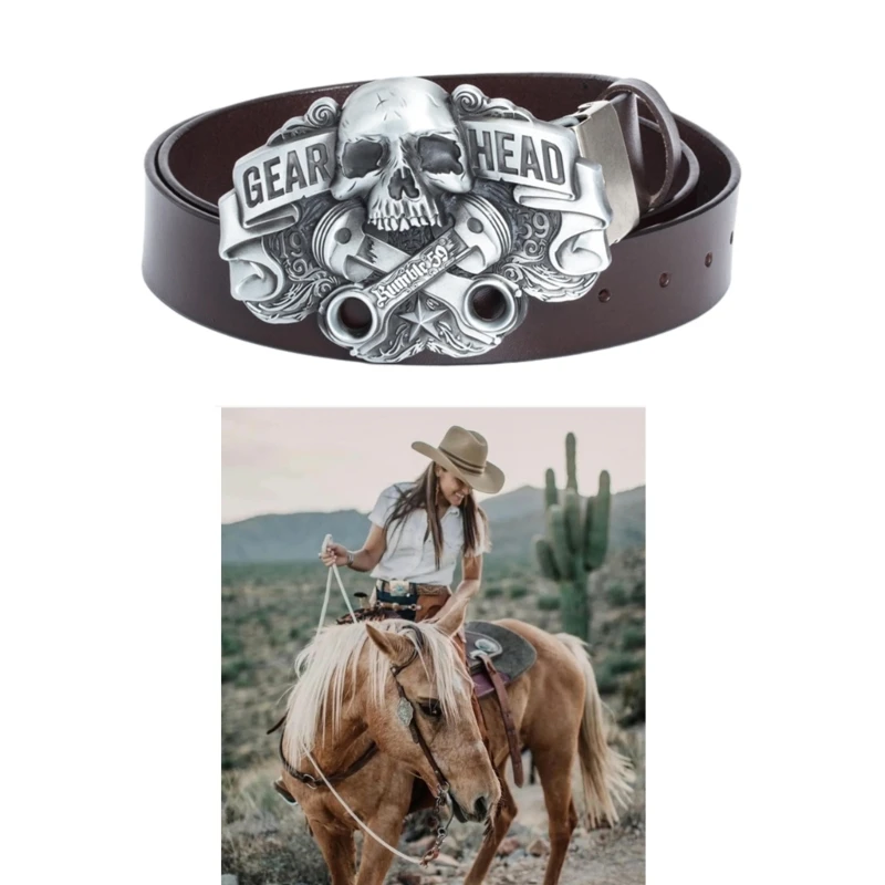 

Punk Leather Belt for Men Jean Waistband Cowboy Vintage Engraved Skull Buckle