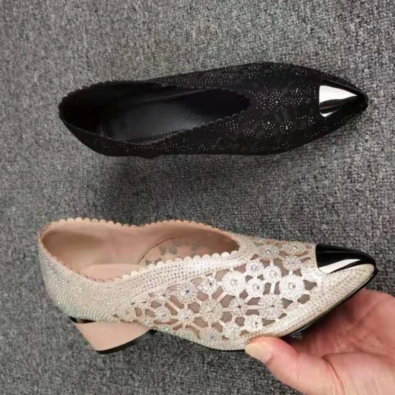 Chunky Lace Sexy Pointed Toe Women Shoes Summer Designer Mid Heels Shallow Mature Dress Woman Shoes Pumps Mujer Zapatos Women Pumps Shoes
