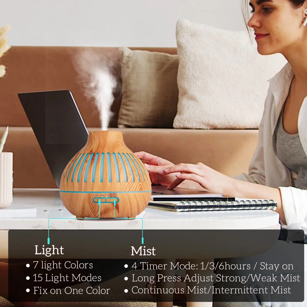 500ML Aromatherapy Essential Oil Diffuser Wood Grain Remote Control Ultrasonic Air Humidifier Cool with 7 Color LED Lights 4