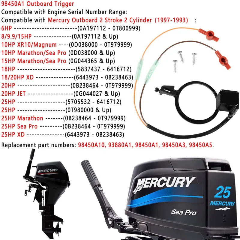 98450A1 Outboard Trigger Compatible with Mercury Mariner 6-25HP 2 Stroke 2 Cylinder Sea Pro XD XR10 Magnum Marathon Marine Tools