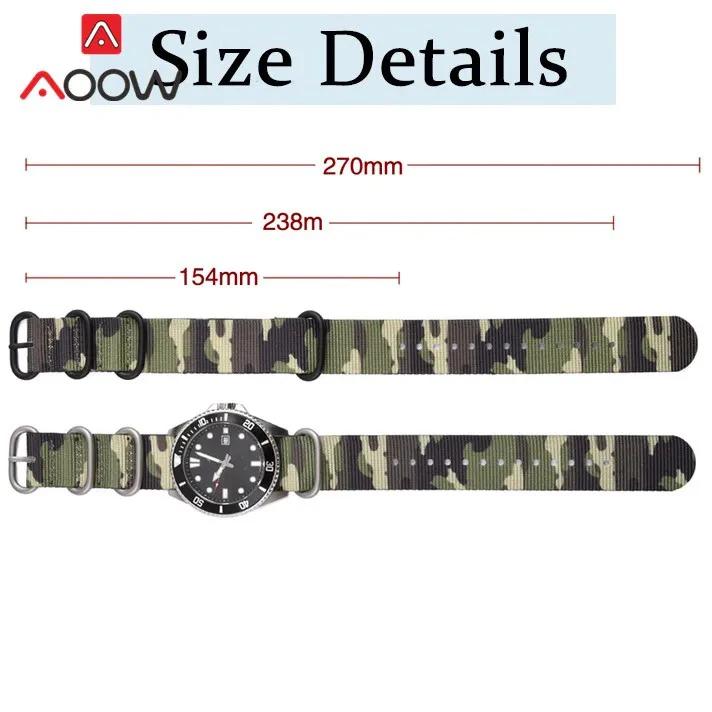 Camouflage Nylon Watch Band with Stainless Steel Ring Buckle, Men's Military Style, Adjustable