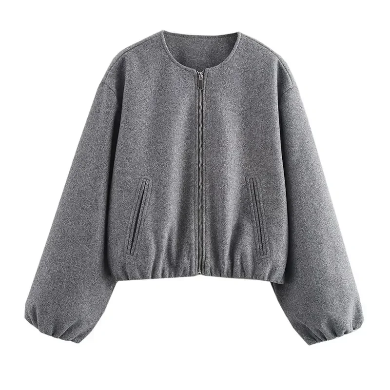 Retro Solid Woolen Women's Bomber Jacket Long Lantern Sleeves Pockets O-neck Loose Female Coat Autumn High Street Outwears