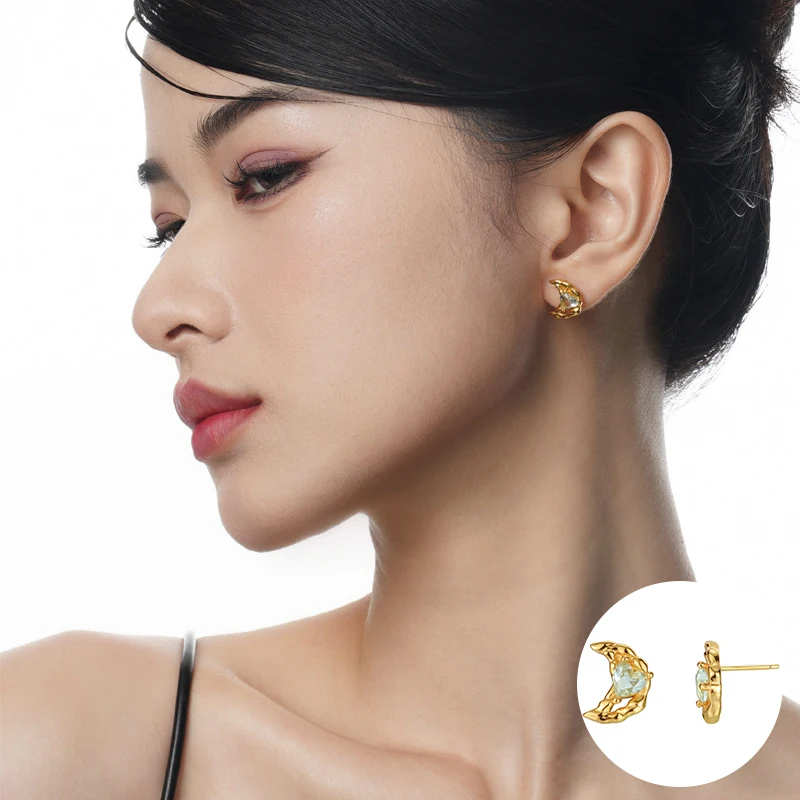 

100% 925 Sterling Silver Zircon Moon Earrings for Women Girl Simple Fashion Love Heart Design Jewelry Party Gift Dropshipping