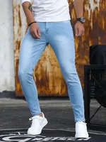 Jean Slim en Denim Bleu Clair pour Homme, Pantalon Crayon de Style Classique, avec Fermeture Éclair, Décontracté, de Marque 1