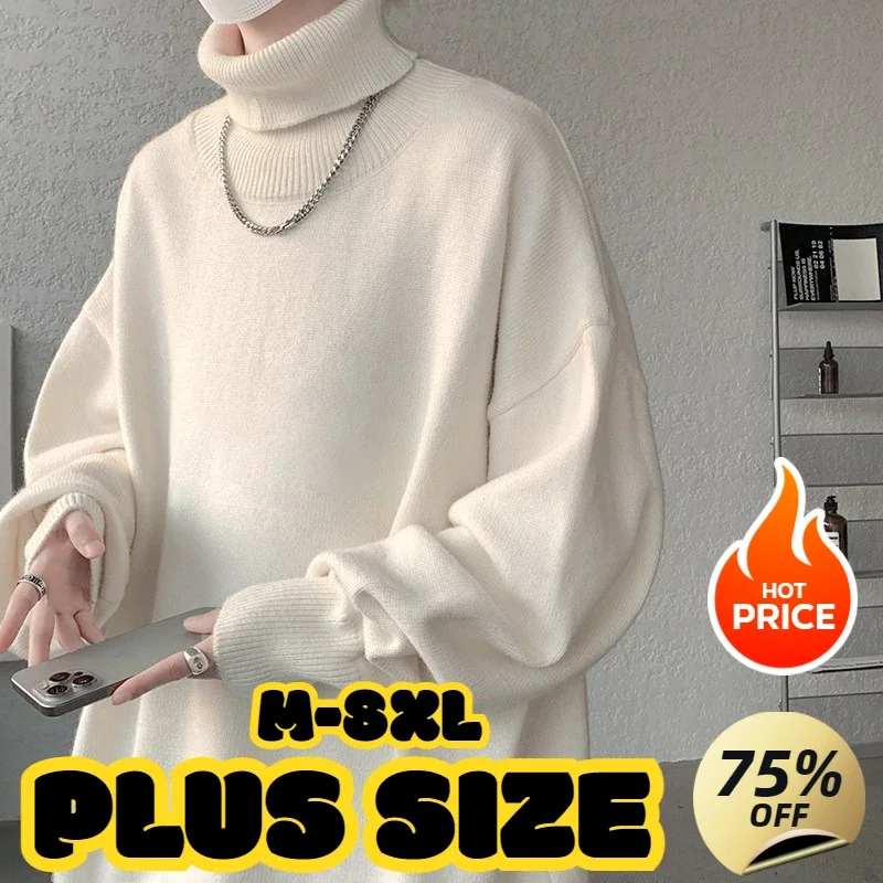 plus size Men's turtle Neck Sweater Idle Style White Knit Inner Autumn Winter New Trendy Brand Cashmere Pullover 8XL 7XL 6XL 5XL turtleneck sweater