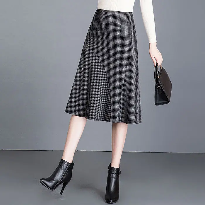 

2023 Women's Spring Autumn New High Waist Mermaid Skirts Female Long Houndstooth Skirts Ladies Slim Fit Casual Skirts U471