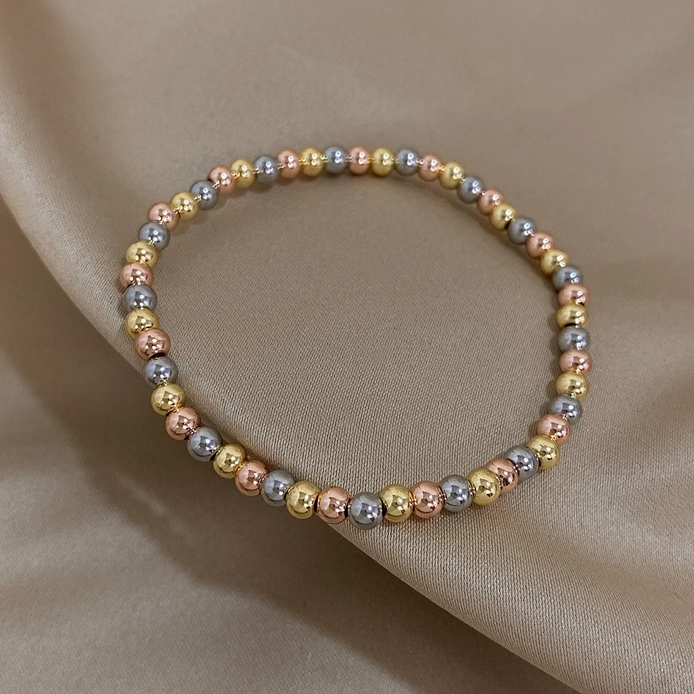 3/4mm Stainless Steel Beads Elastic Bracelets for Women Gold Plated Tricolor Beaded Chain Bracelet Waterproof Jewelry