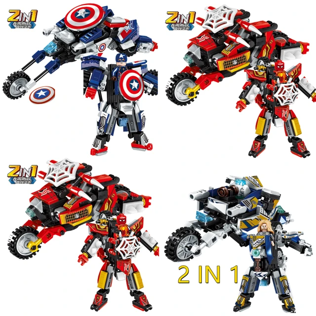 2 IN 1 Marvel Movie Avengers Clan Transforming Mecha Motorcycle Model Building Blocks Bricks Sets Classic Dolls Kids Toys Gits 1