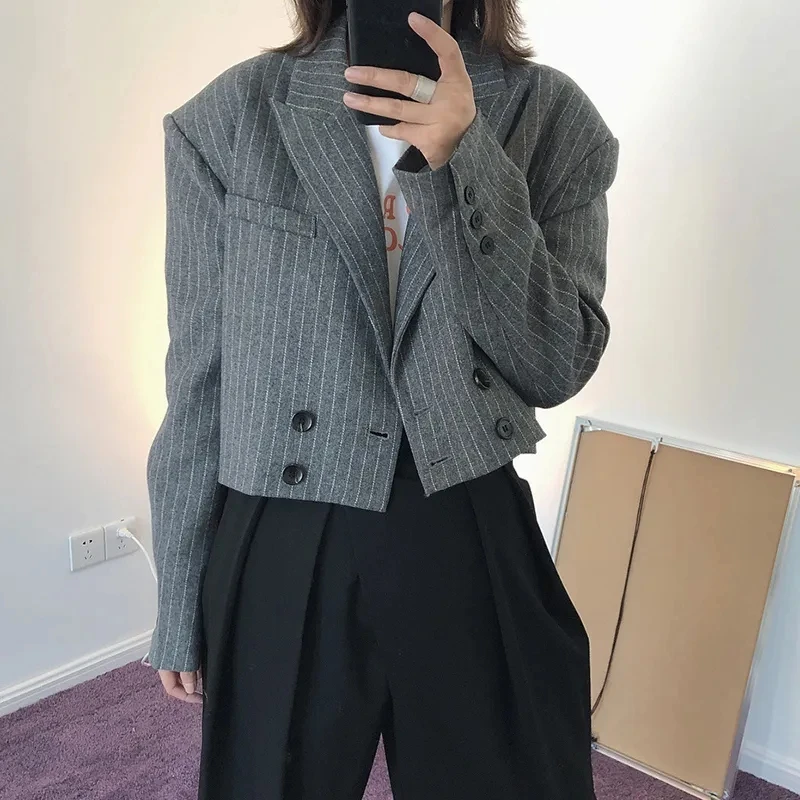 

Striped Short Tops For Women‘S Black Grey Lapel Collar Long Sleeve Shoulder Pads High Waist Casual Korean Office Cropped Blazer