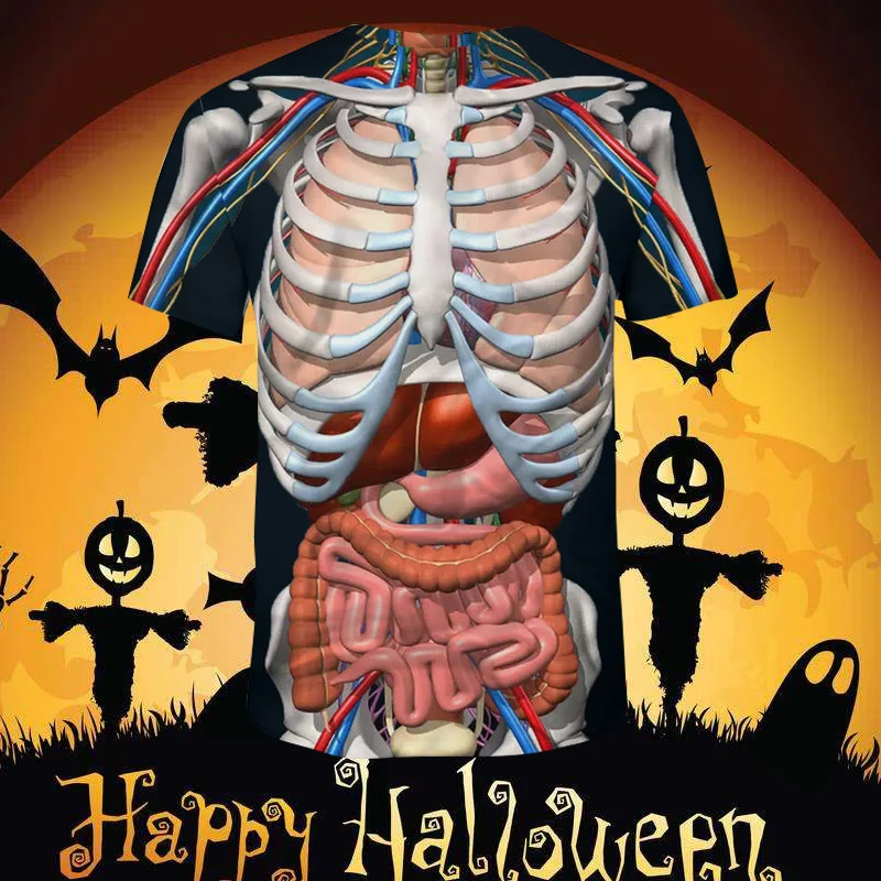 3D Print Horror Offal Pattern T-Shirt Round Neck Short Sleeve Loose Tops Halloween Accessory T-Shirt Newly