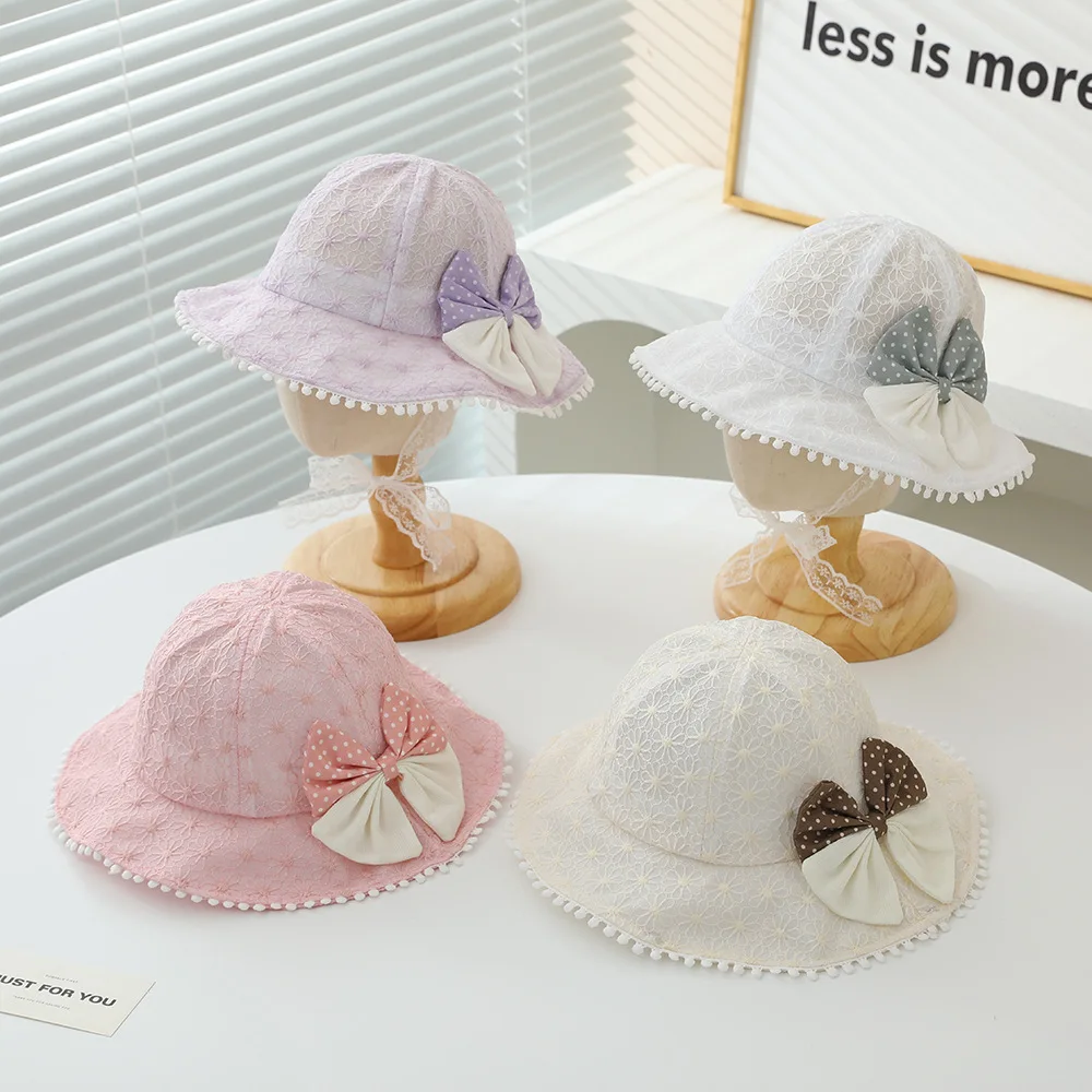 New Spring Summer Girls Fisherman Hat Patchwork Bows Flowers Lace Hat Big Brim Bucket Girls Princess Breathable