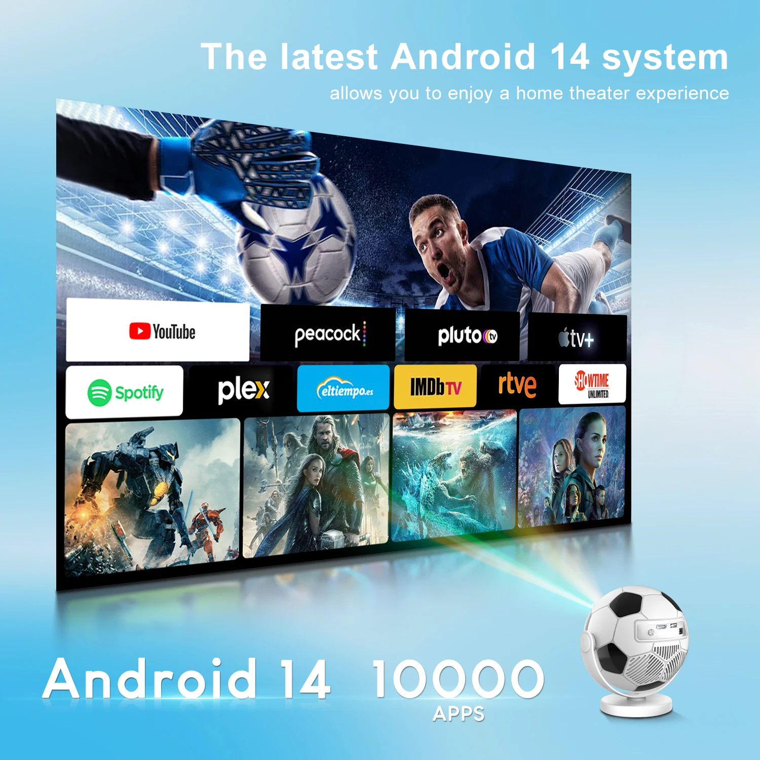 ApexTPFootball 쉐이프 스마트 프로젝터 (5G WiFi6, 블루투스5.4, 안드로이드 14 탑재) 미니 프로젝터 4K 홈시네마 축구공 모양 휴대용 프로젝터