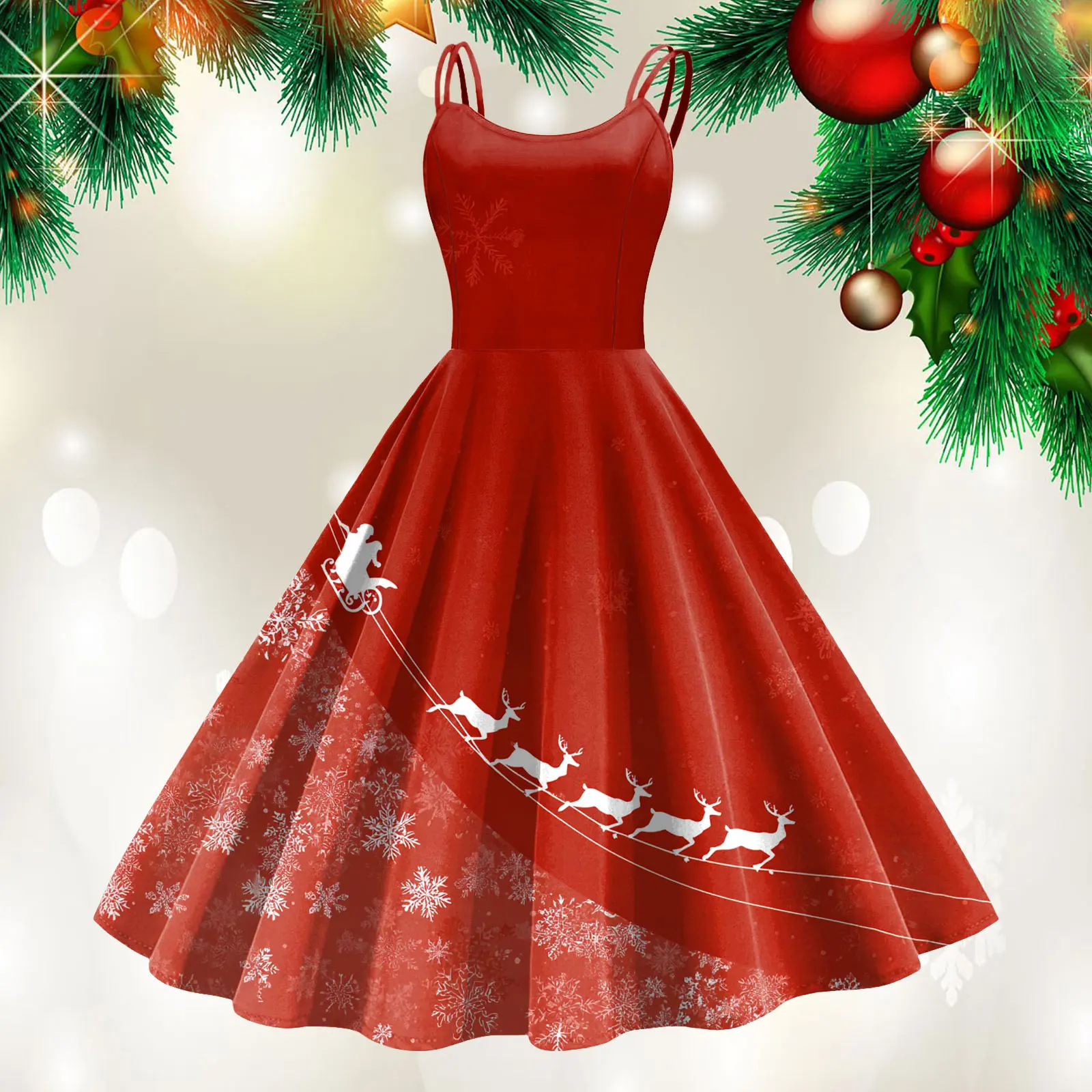 Women's Christmas Dress - Vintage Sleeveless Cocktail Dress With Holiday  Prints (Tree, Santa, Snow), A-Line Swing