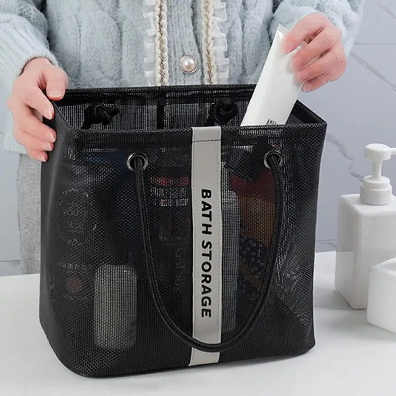 Tragbare Mesh Kulturbeutel Griff Schnell Trocknend Große Kapazität Badezimmer Dusche Reise Make-Up Tote Handtasche Organizer Korb – Detail 1