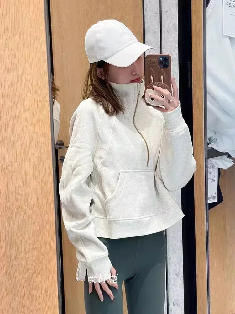 Lemon Women Scuba Ladies Loose Half Zip High Collar Hoodie Thickened Plush Hooded Embroidery Sweater Loose Sweater Pullover 6