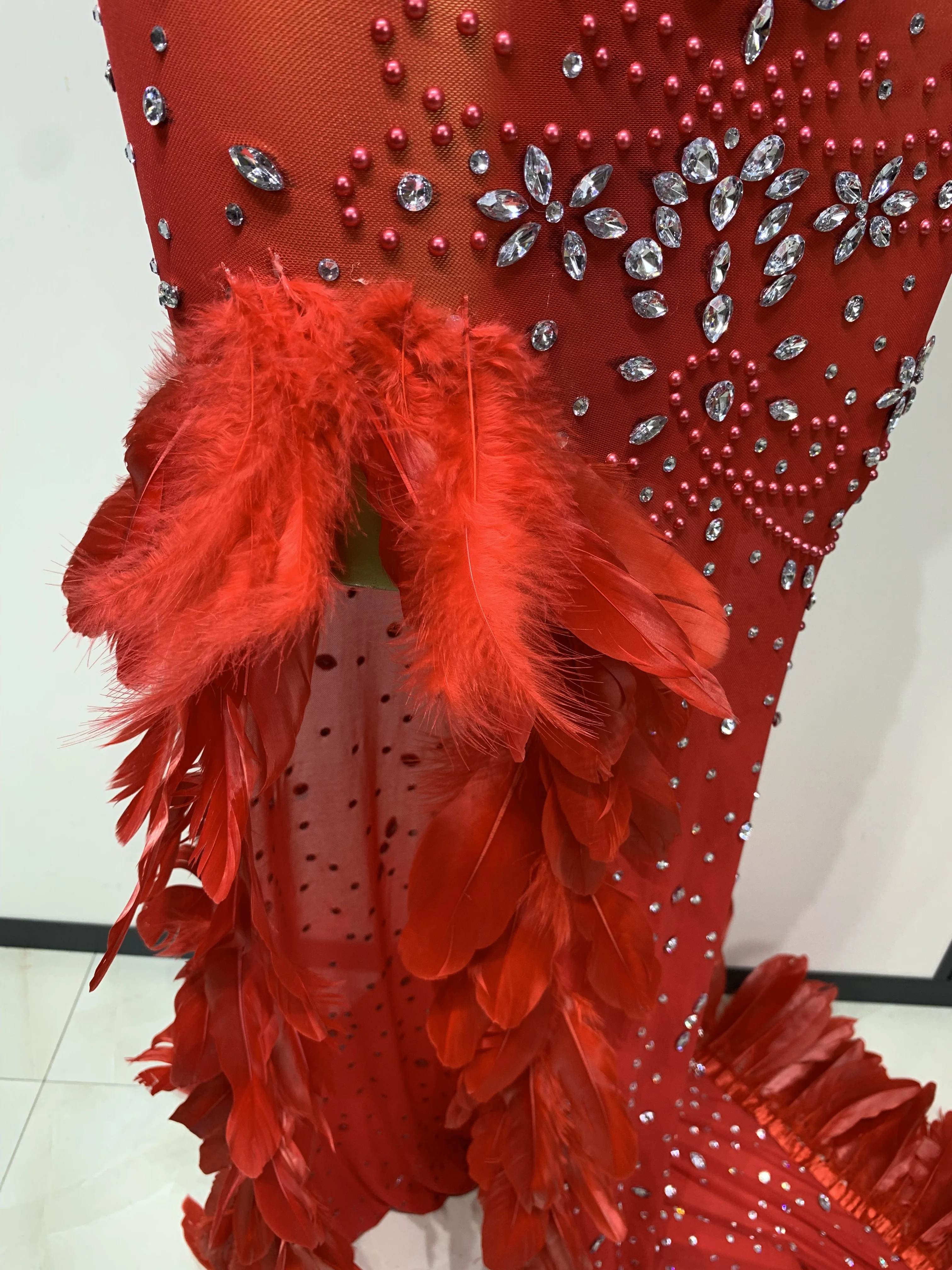 Women Sparkly Rhinestone Feather Mesh Transparent Maxi Long Dress Sexy Backless Birthday Evening Party Singer Stage Costume