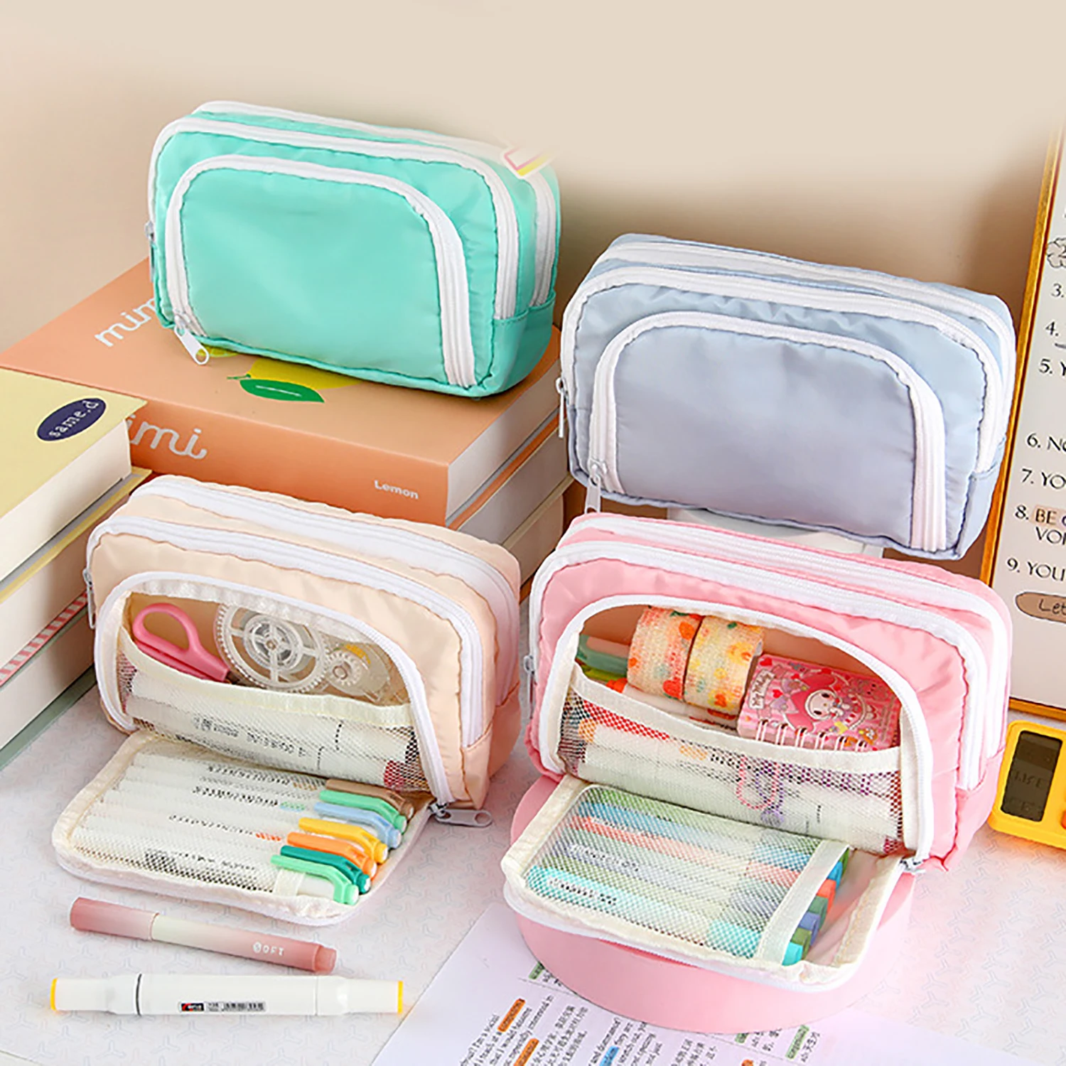 3 레이어 연필 케이스 대용량 휴대용 펜 가방 학생 문구 주최자 가방 화장품 케이스 사무실 학교 용품