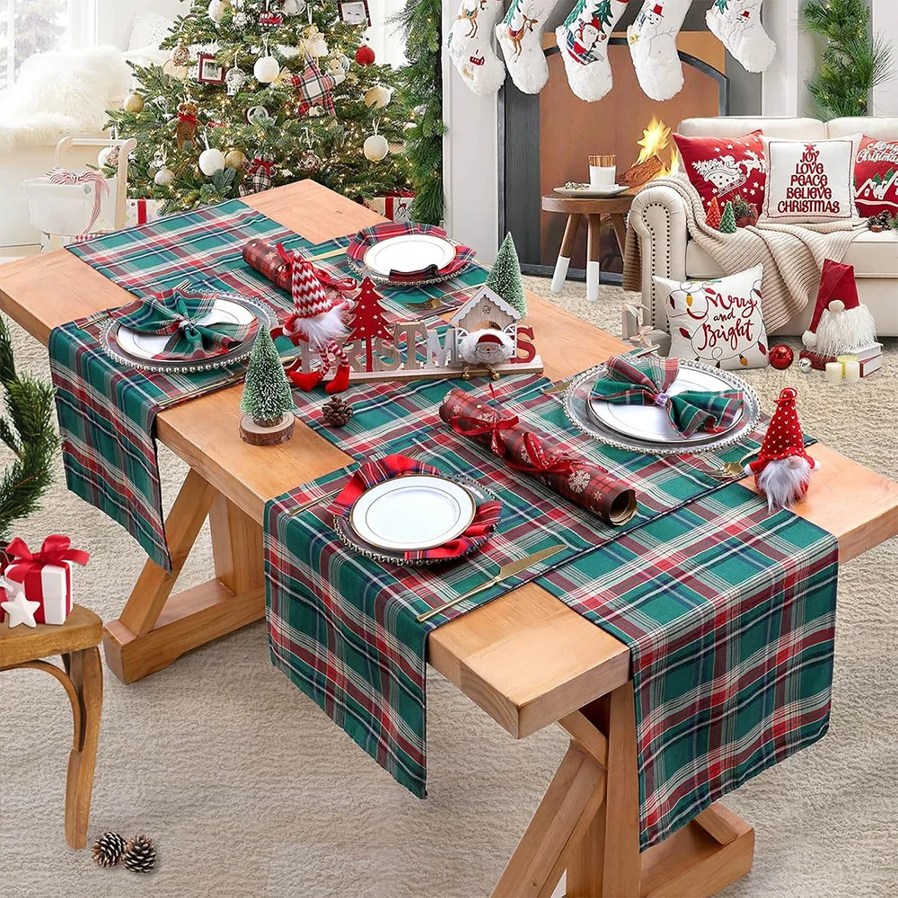 Set De 12 Sets De Table Et Serviettes Noël - Tartan Rouge, Vert, Or