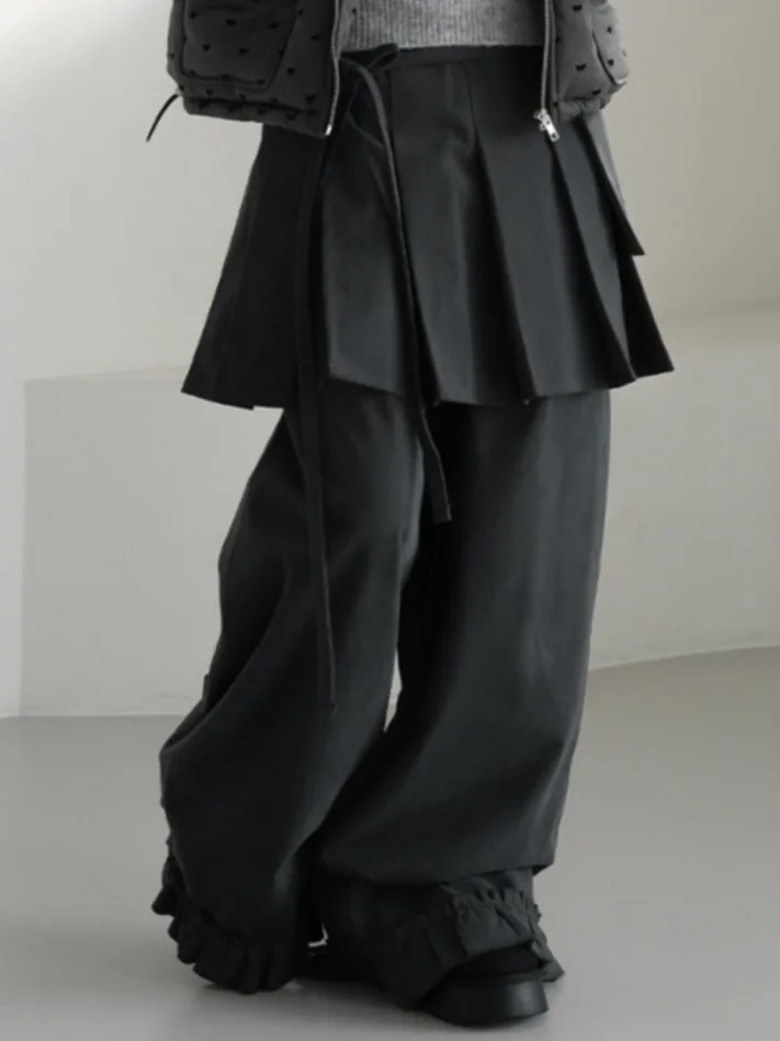 Korean Sle Wood ain  Casual Long Pants Women's Spring New Vintage Personali ket Belted Pleated  Skirt Set