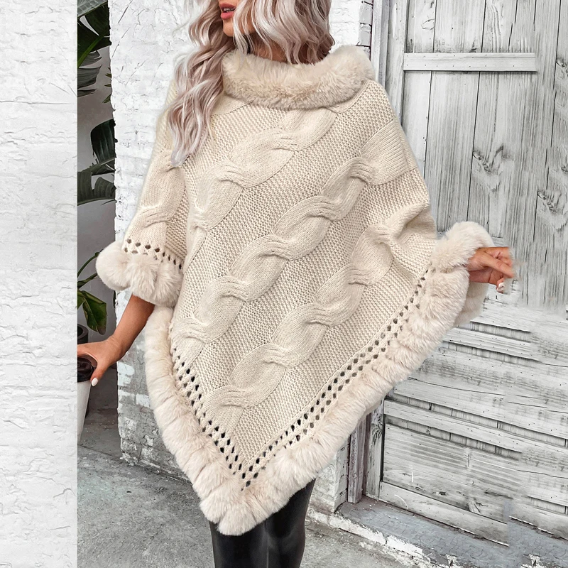 Fashion Full Trims Wavy Faux Rex Rabbit Fur Pullover Poncho