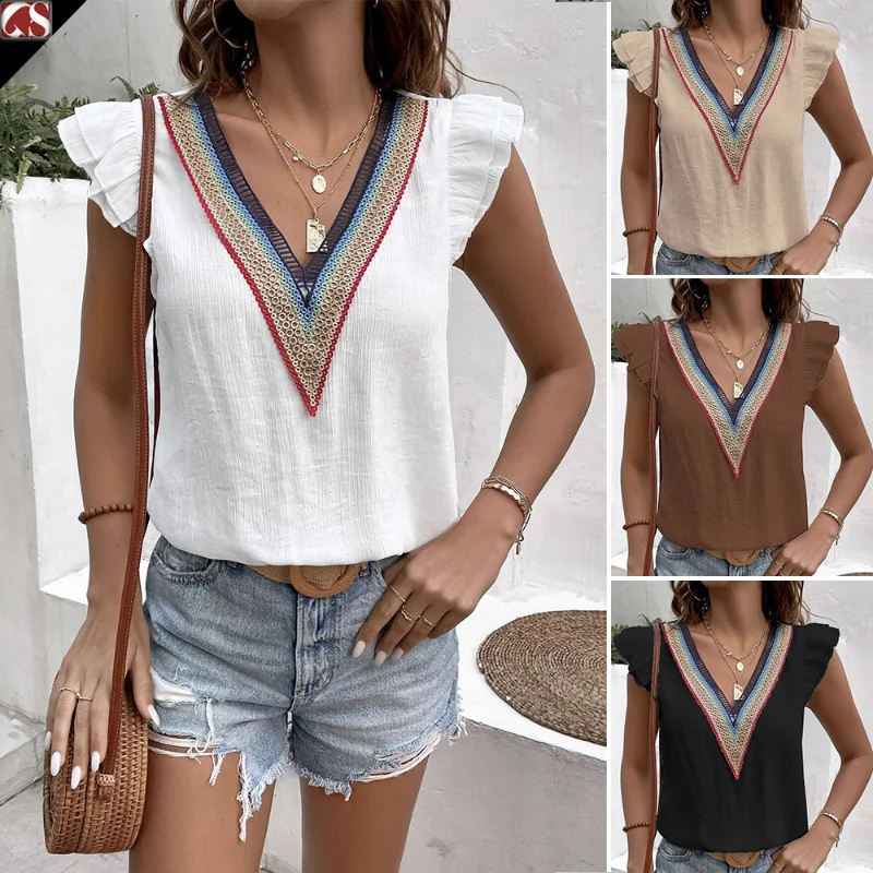 

Women‘s Casual Summer Fashion Sleeveless Blouses Ladies Deep V-neck Lace Boho Tops Camisoles Hollow Out Beach Wear Loose Shirt