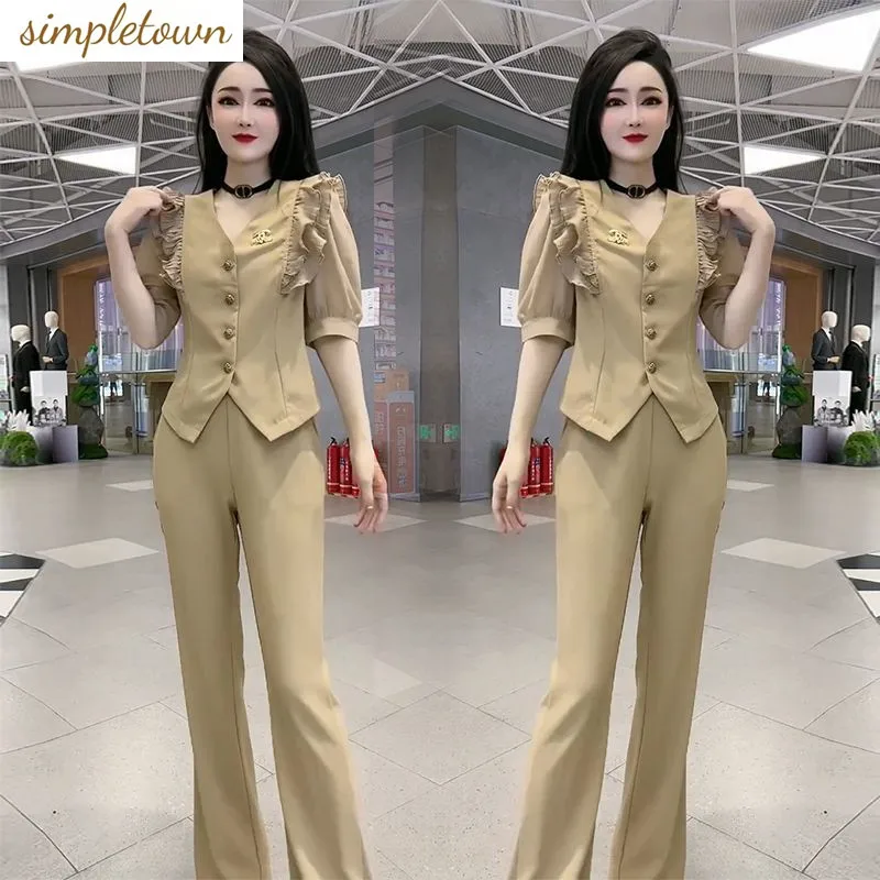 Fashionable and Unique Two Piece Set with High End Design Wood Ear Edge 7/4 Sleeve Top High Waist Slim Wide Leg Pants