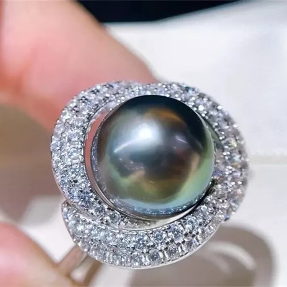 아름다운 AAAA 남해 블랙 라운드 펄 오픈 조절 링, 925S, 11-12mm, 10-11mm