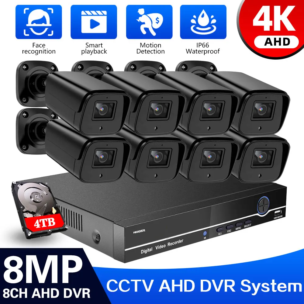 4K 8CH AHD Analog Video Surveillance System CCTV Kit With 8MP Security Cameras Night Vision IP66 Waterproof Outdoor DVR 4TB HDD