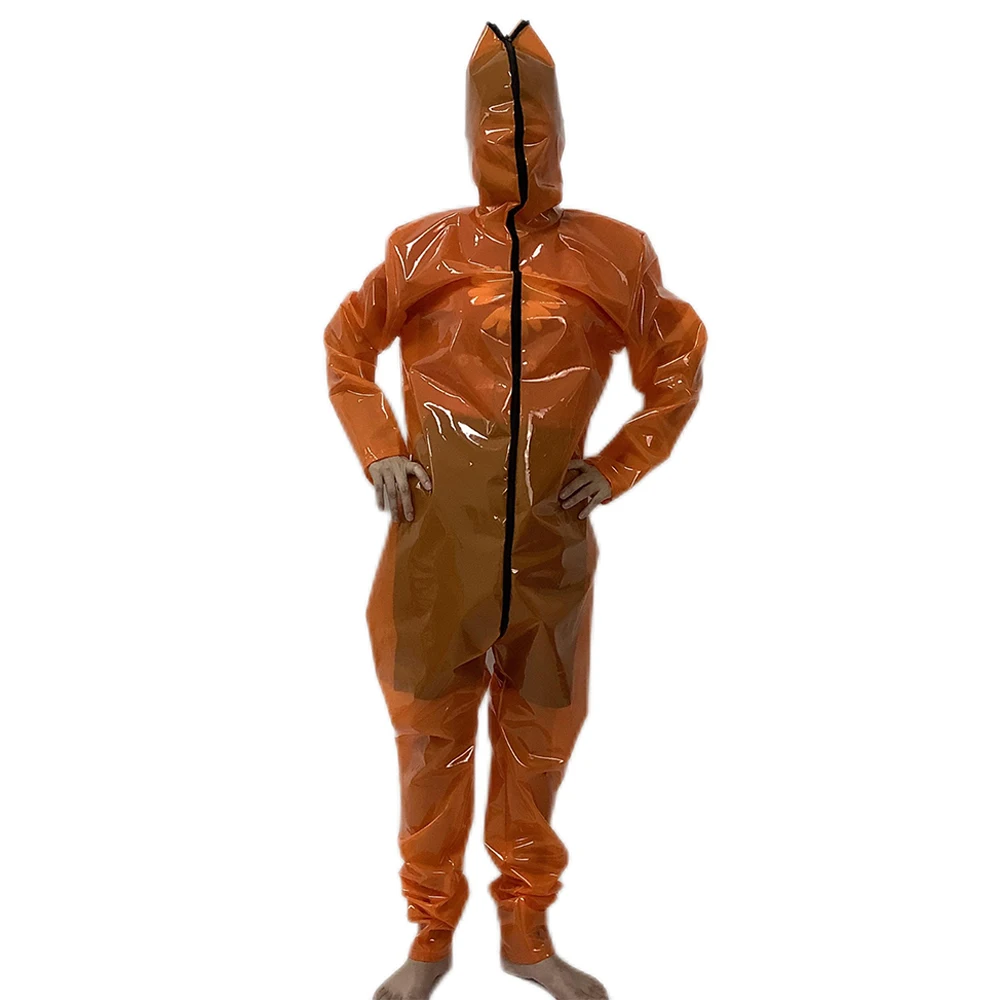 Erotic Costumes Clear PVC Plastic Sheer See Through Long Sleeve Bodysuit Hooded Catsuit Front Zip Crotch Jumpsuits 7XL