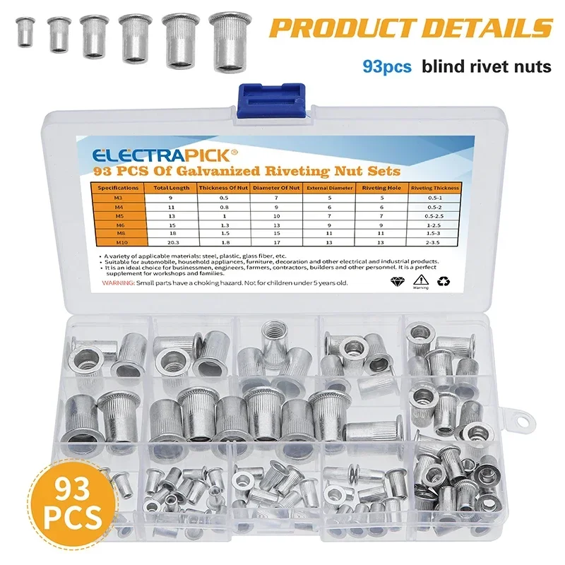 Aluminum Rivetnuts Blind Set Nutserts Threaded Insert Nuts 190/93pcs M3 M4 M5 M6 M8 M10