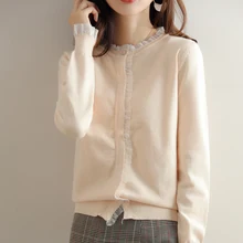 

Cardigan Women's Sweater 2022 Spring New Fungus Edge Lace Dark Button Round Neck Jacket Warm Literary Loose Outer Knitted Sweate