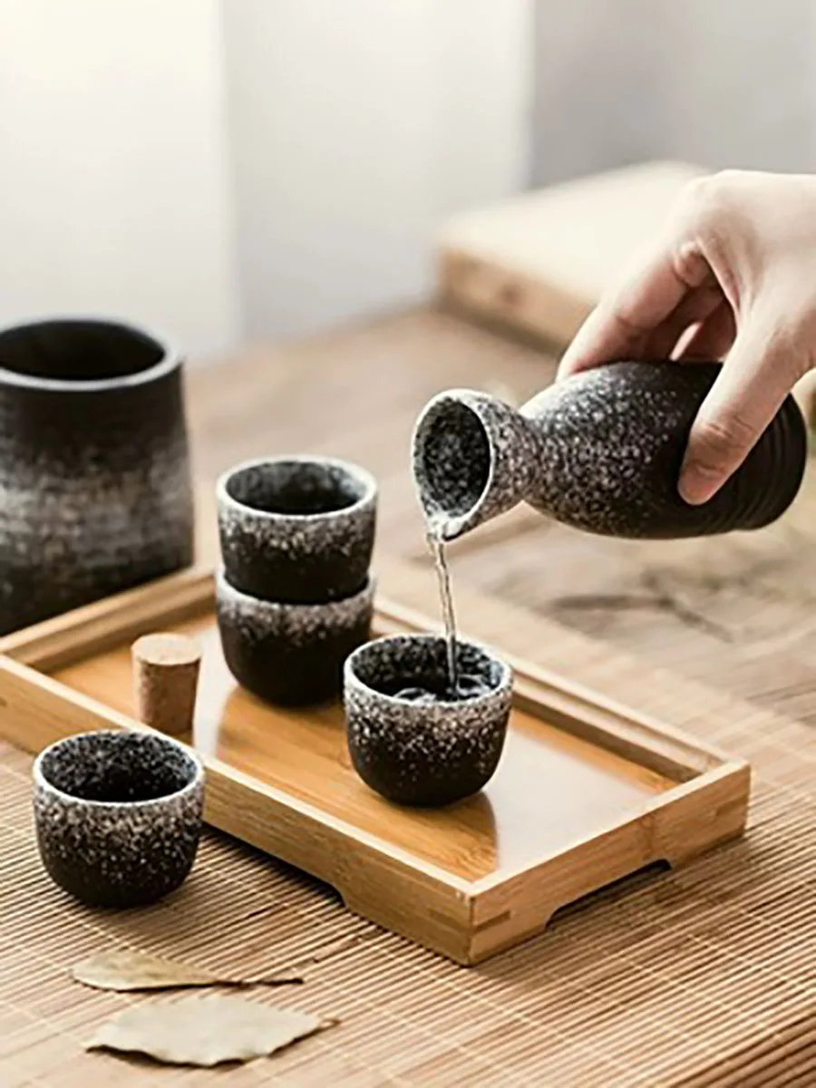 Japanese Style Ceramic Sake Wine Set, Wine Warmer, Rice Wine Bottle, White Glass Dispenser, Shot Glasses Set