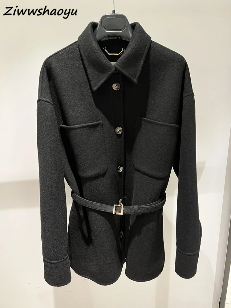 

High Quality Autumn Women Fashion Runway Designer Long Sleeve Belt Single Breasted Pocket Solid Printed Cashmere Blends Coats