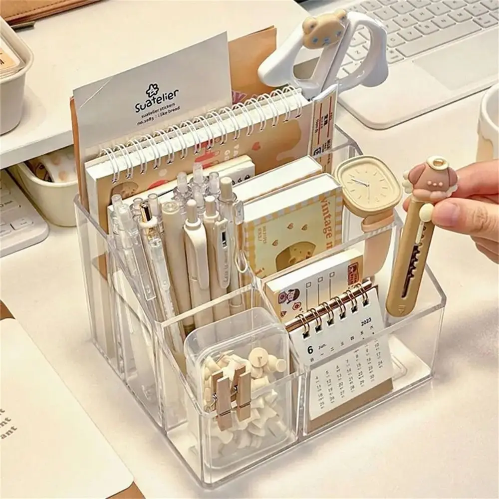 Desk Pen Holder Pen Stand Transparent Stationery Organizer 5-Grid Acrylic Pencil Storage Box Cosmetic Organizer