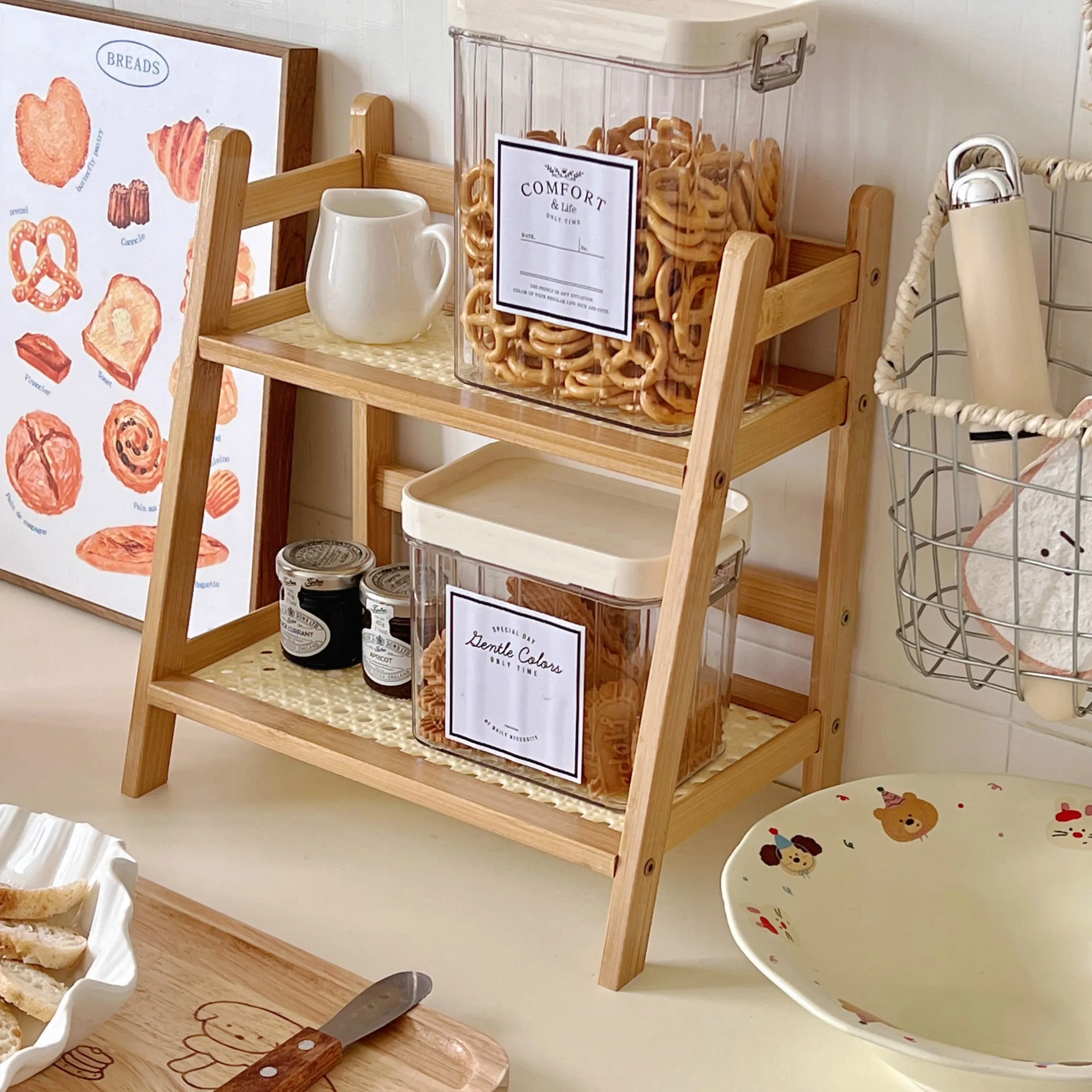 Wooden Storage Shelf for Kitchen Rattan Desktop Organizer Display Rack Spice Rack for Countertop Makeup Organizer for vanity 2