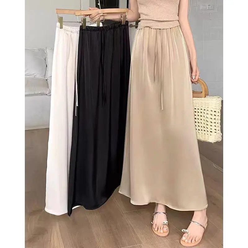 

Skirts for Women Womens High Waist Midi Skirt Solid Satin Dress Elastic Waist Elegant Summer Long A-Line Office Women's Skirts